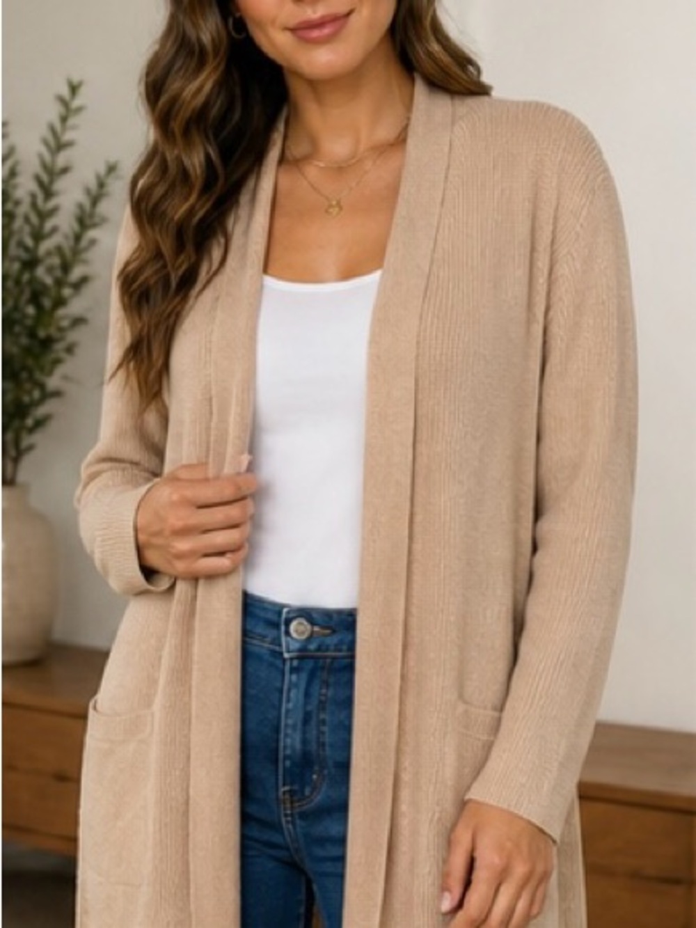 Old Navy Long Cardigan XL Beige Open Front Knit Lightweight Duster Sweater